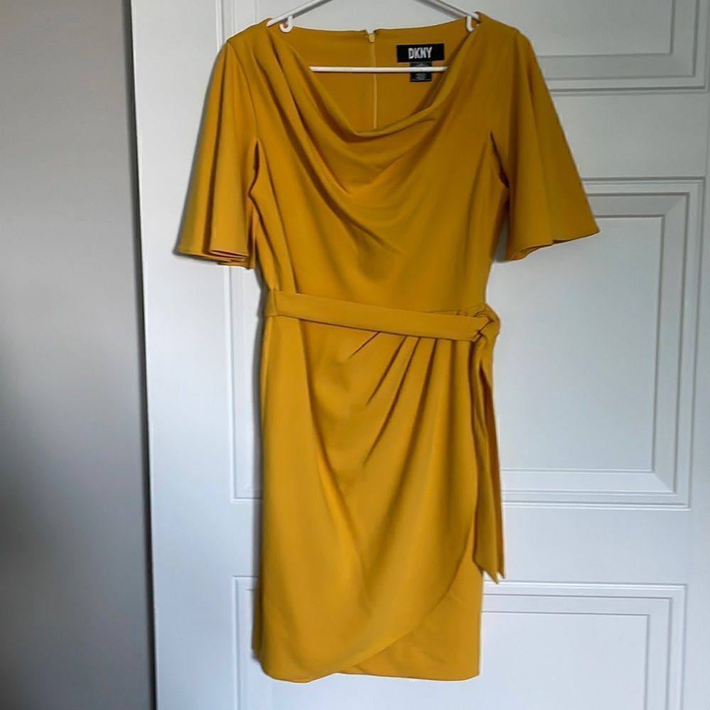 DKNY Mustard Yellow Draped Belted Sheath Dress